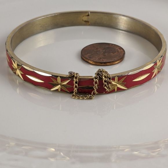 Vintage Red Enamel Diamond Star Cut Bracelet Chain - Picture 6 of 7